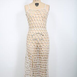 Artisan Handmade Beige & Gold Metallic Open Mesh Midi Dress Summer Beach Pool